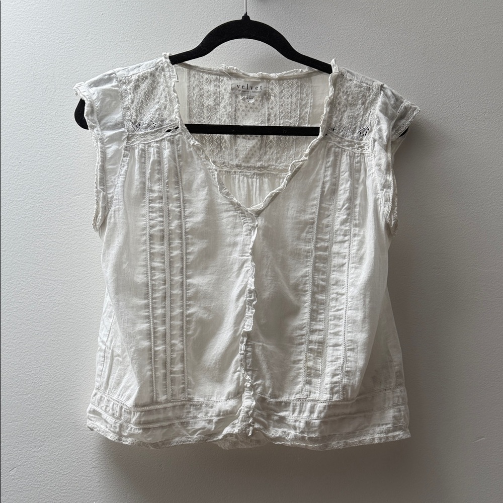 Velvet White Button-Up Blouse with Lace Accents